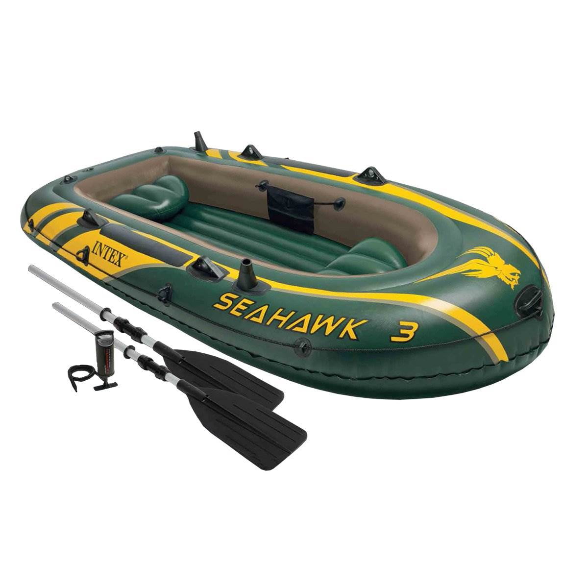 Intex Seahawk 3 Person Heavy Duty Inflatable Rafting and Fishing Boat Set w/ 2 Aluminum Oars, High Output Air Pump, and Carry Bag, 790 Pound Capacity
