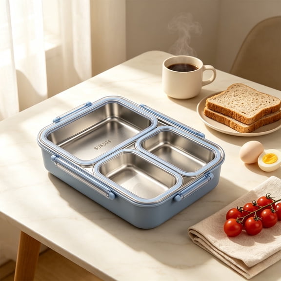 Stainless Steel Bento Box Lunch Container with Lid, 3 Separate Compartment, BPA-free Drop-proof Food Grade Dishwasher Safe Reusable Container for Meal Prep Home Travel Office Adults