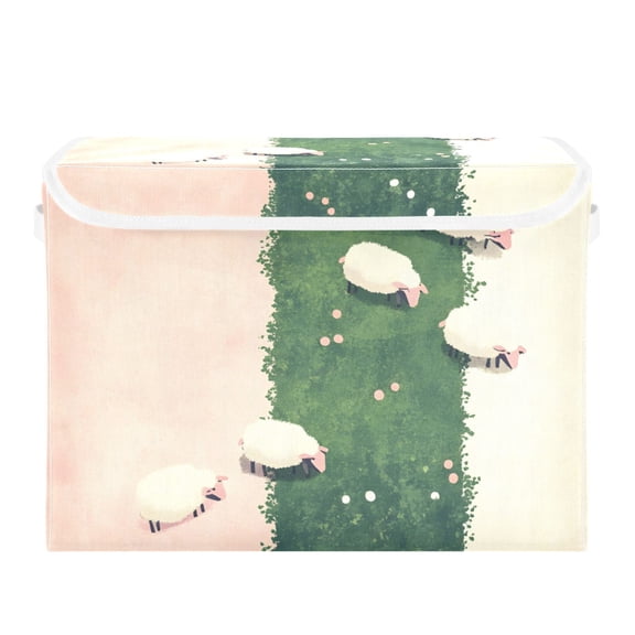 Sheep on The Grass Large Storage Bins with Linen Collapsible Lid Storage Box 16.7 x 12.6 x 11.8in