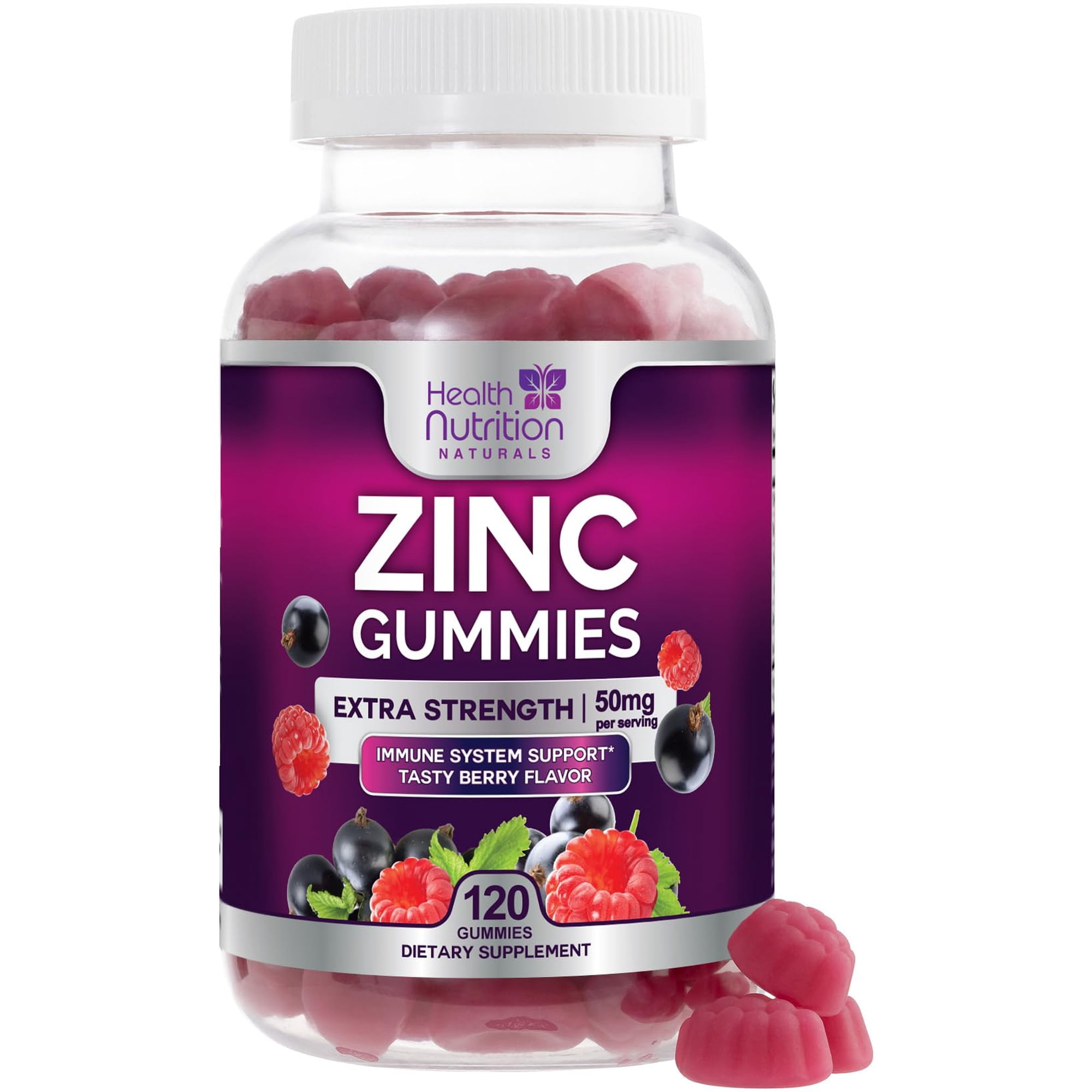 Zinc Gummies 50mg - Extra Strength Immune Support Antioxidant Gummy Natural & Gluten Free - Best Premium Zinc Supplement for Skin Bone & Heart Health - Chewable Tasty Berry Flavor - 120 Gummies