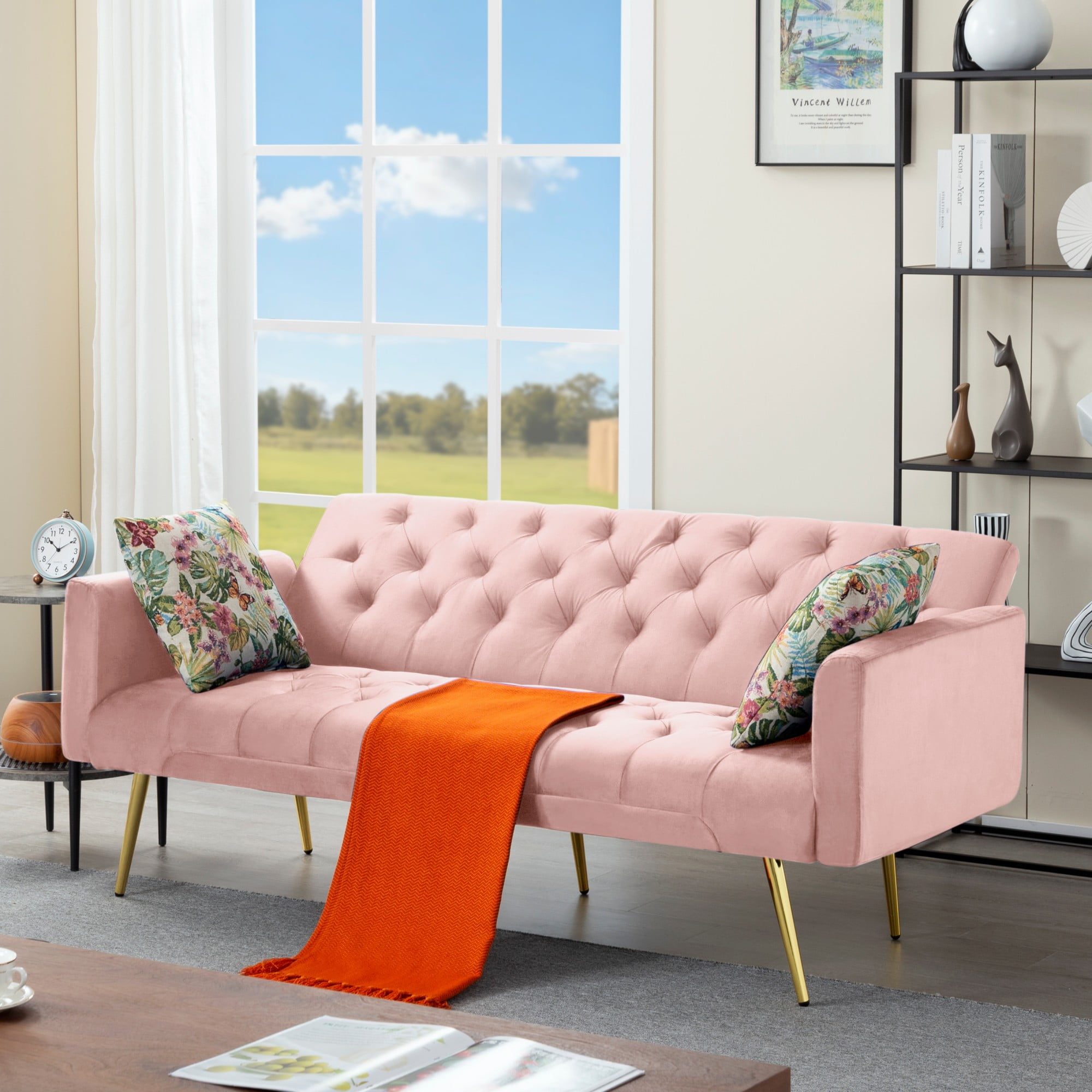 Gewnee Pink 68.31" Futon Sofa Bed, Solid Eucalyptus Wood Frame, Golden Metal Legs, 5 Adjustable Backrest, 2 Pillows for Home Office Guest Room