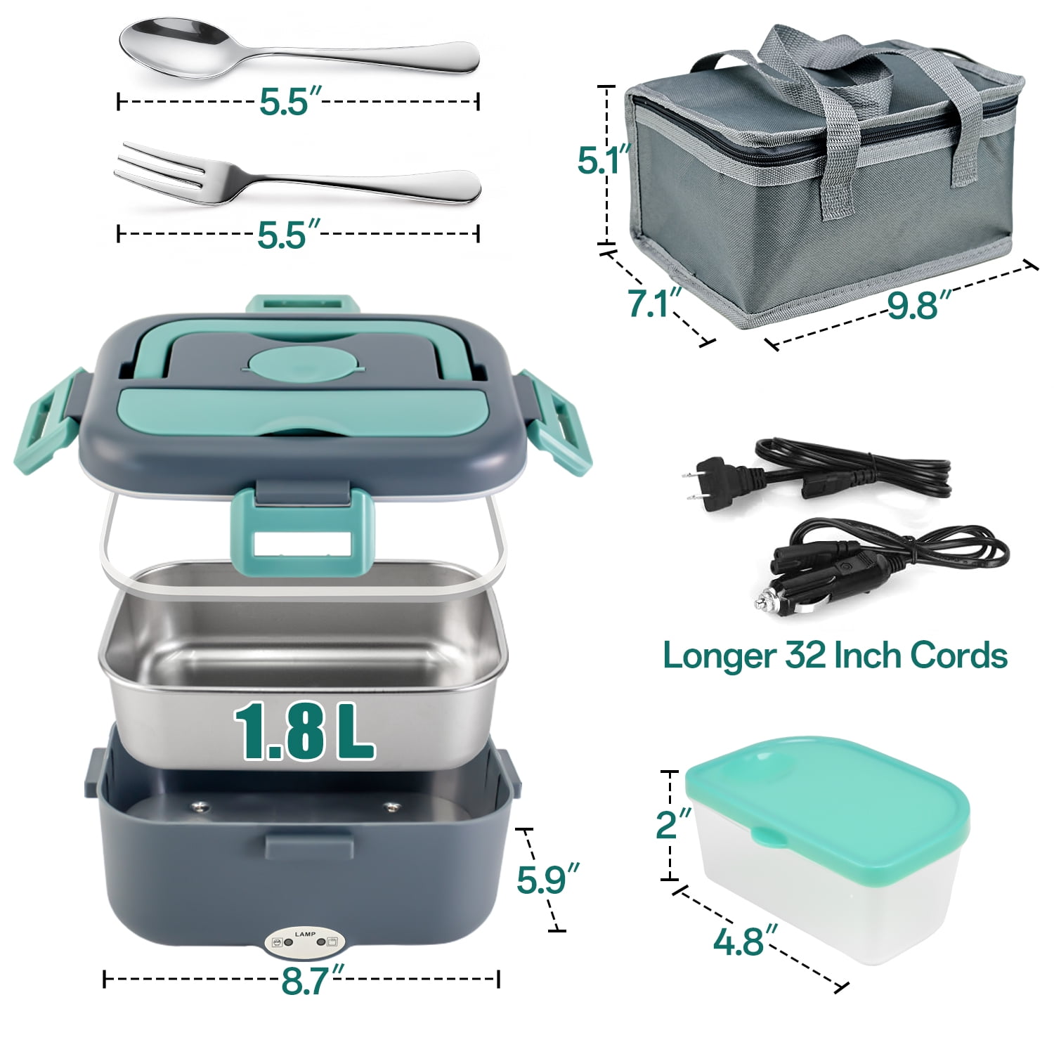 TINANA Electric Lunch Box Food Warmer 1.8L, 100W Heated Lunch Box for Adults, Portable Food Heater for Work, Car & Truck, Fast Heating and Stainless Steel Tray