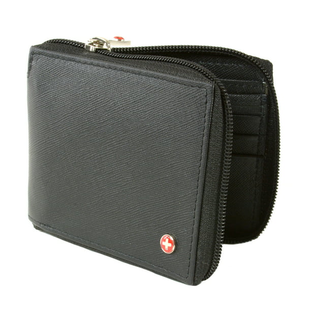Men's Leather Zip Around Wallet ID Card Window Secure Zipper Bifold ...