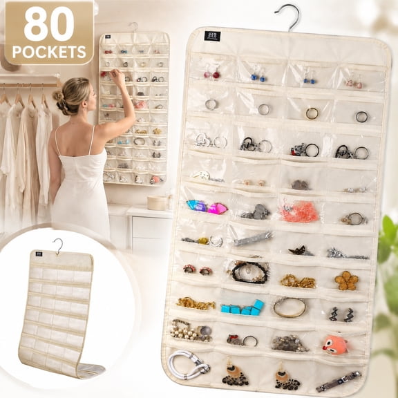 Hanging Jewelry Organizer,Accessories Organizer,80 Pocket Organizer for Holding Jewelries(Beige)