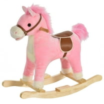 Qaba Rocking Horse Plush Animal On Wooden Rockers,Baby Rocking Chair with Sounds,Moving Mouth,Wagging Tail,Pink,Pink Plush Toys Kids Bikes Riding Toys