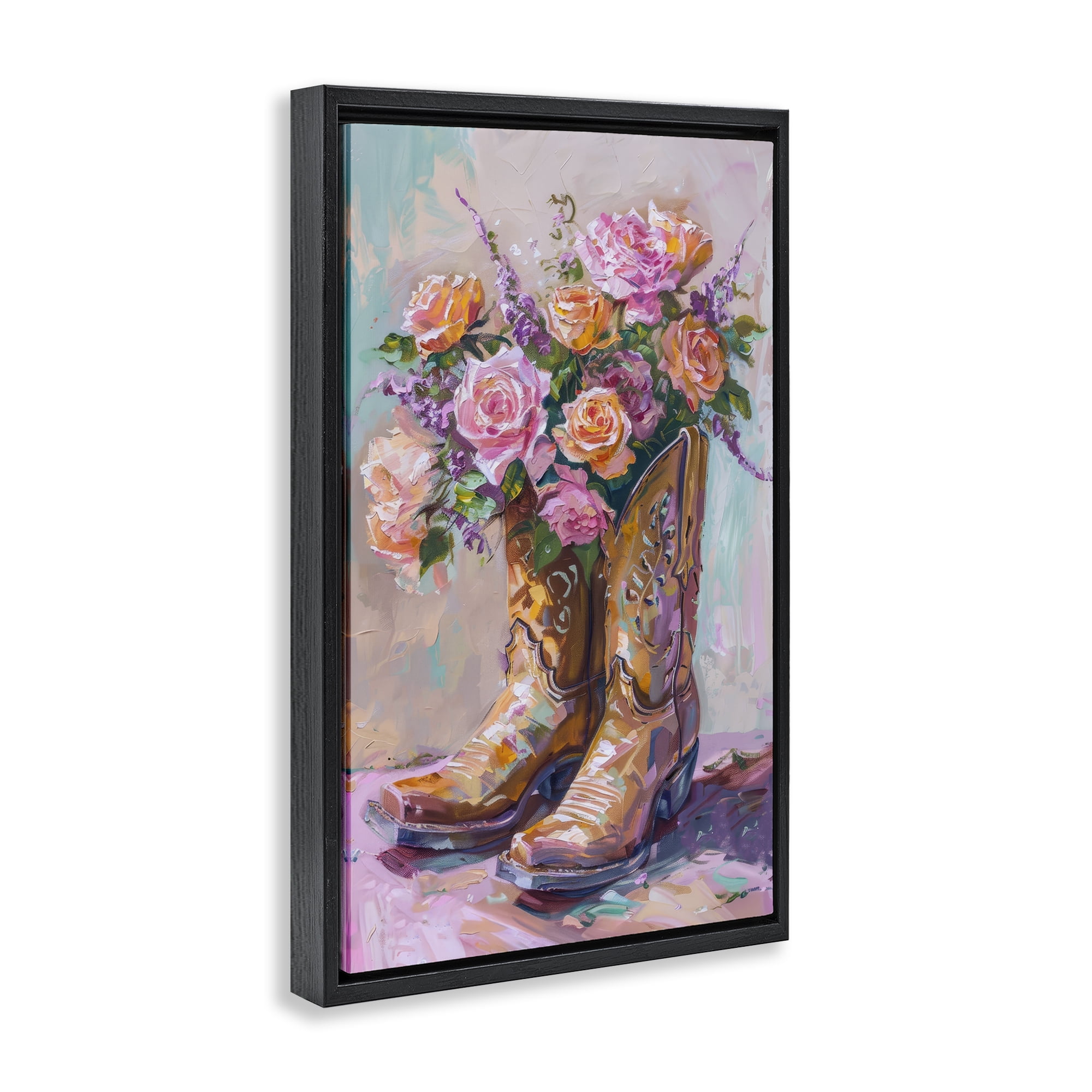 Stupell Industries Floral Boots Bouquet Plants & Flowers Painting Black Floater Framed Canvas Art Print Wall Art, 21 x 31