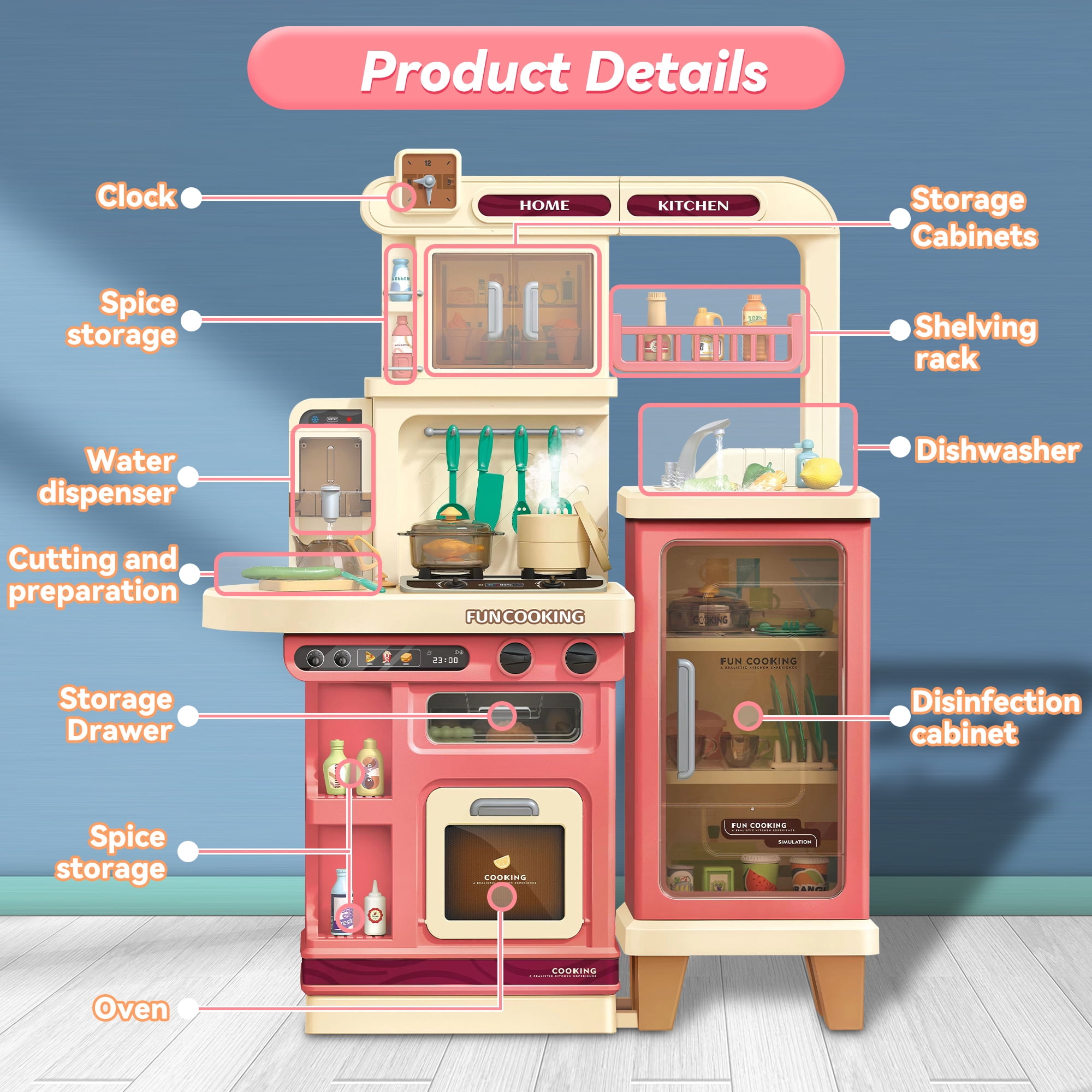 Lookfly 40.6 Inch Play Kitchen Set for Kids, Large Pretend Play Kitchen with Realistic Lights and Sounds, Simulation of Spray for Toddlers Girls Boys Gift ,Pink