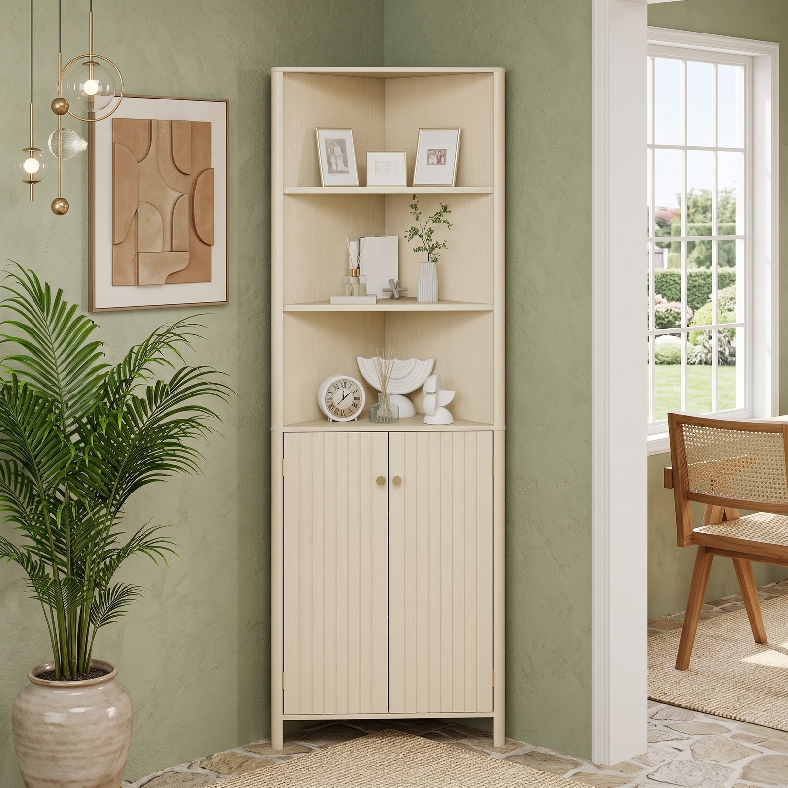 Fenbeli 68 Inch Tall Corner Cabinet, Freestanding Bathroom Storage Cabinet with 5 Shelves, 2 Fluted Doors, Adjustable Shelf and Anti-Tipping Kit for Living Room, Beige