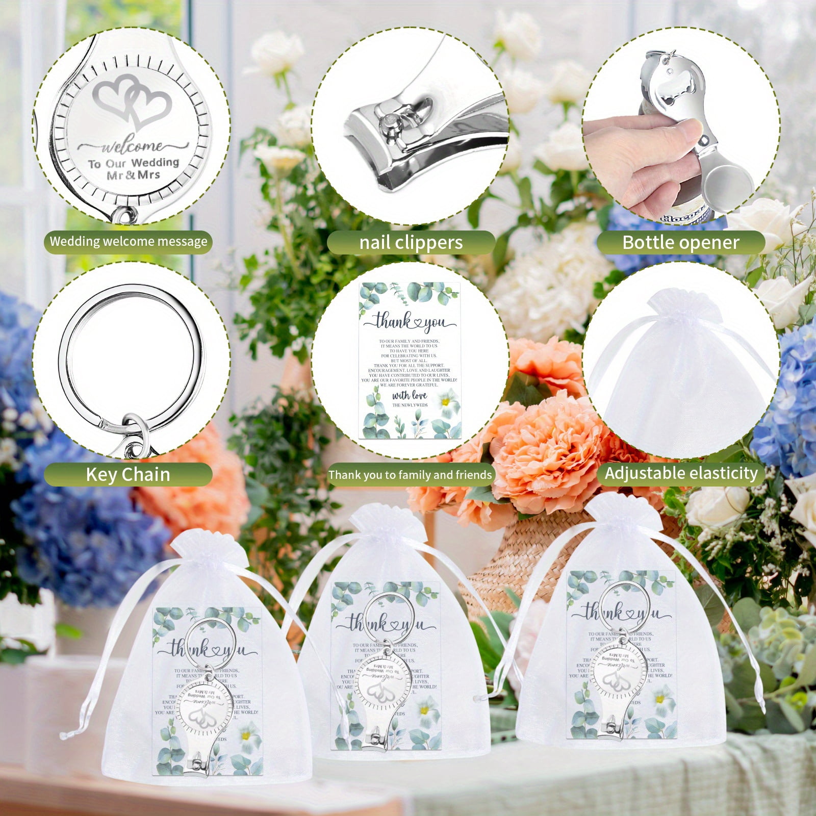 100Set Multi-Function Wedding Keychain Favors, 3 in 1 Nail Clippers Bottle Opener Keychain with Thank You Cards & Organza Bags, Practical Gifts for Baptisms Weddings Baby Showers, Silvery
