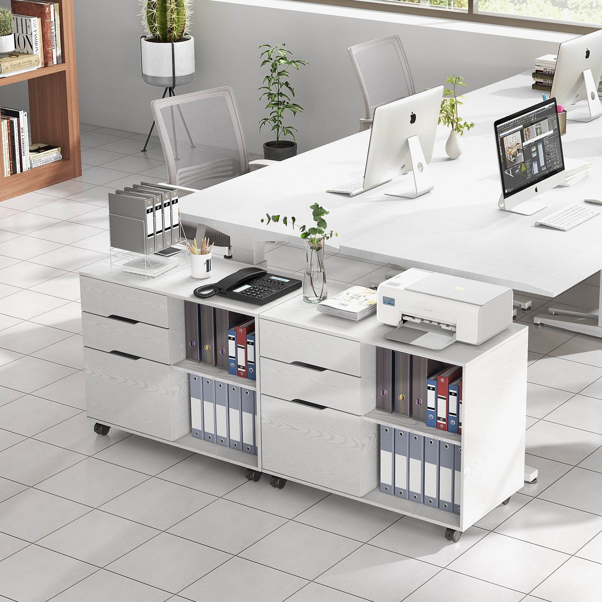 Gianna 3 Drawer File Cabinet with Wheels and Open Storage Shelves for Home Office, White