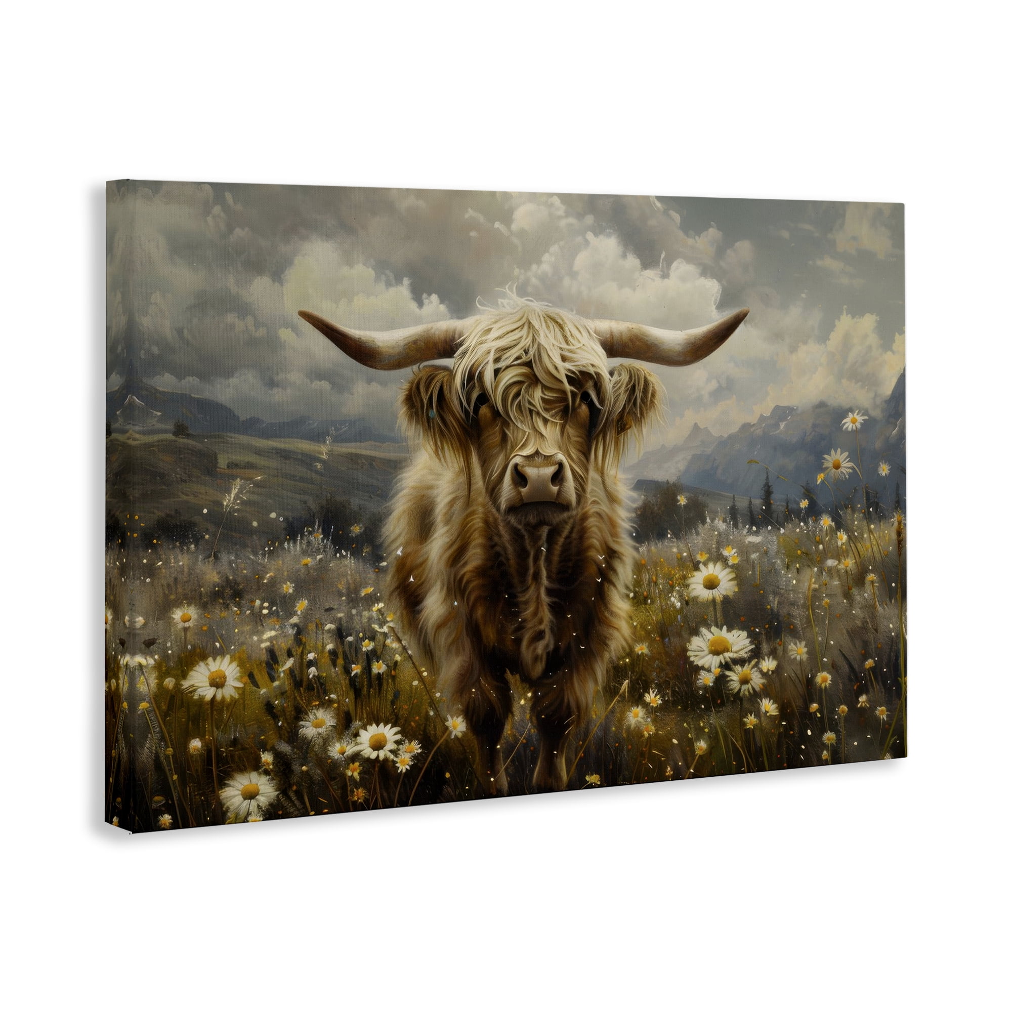 Stupell Industries Cattle in Daisy Field Animals Painting Wrapped Canvas Art Print Wall Art, 30 x 20