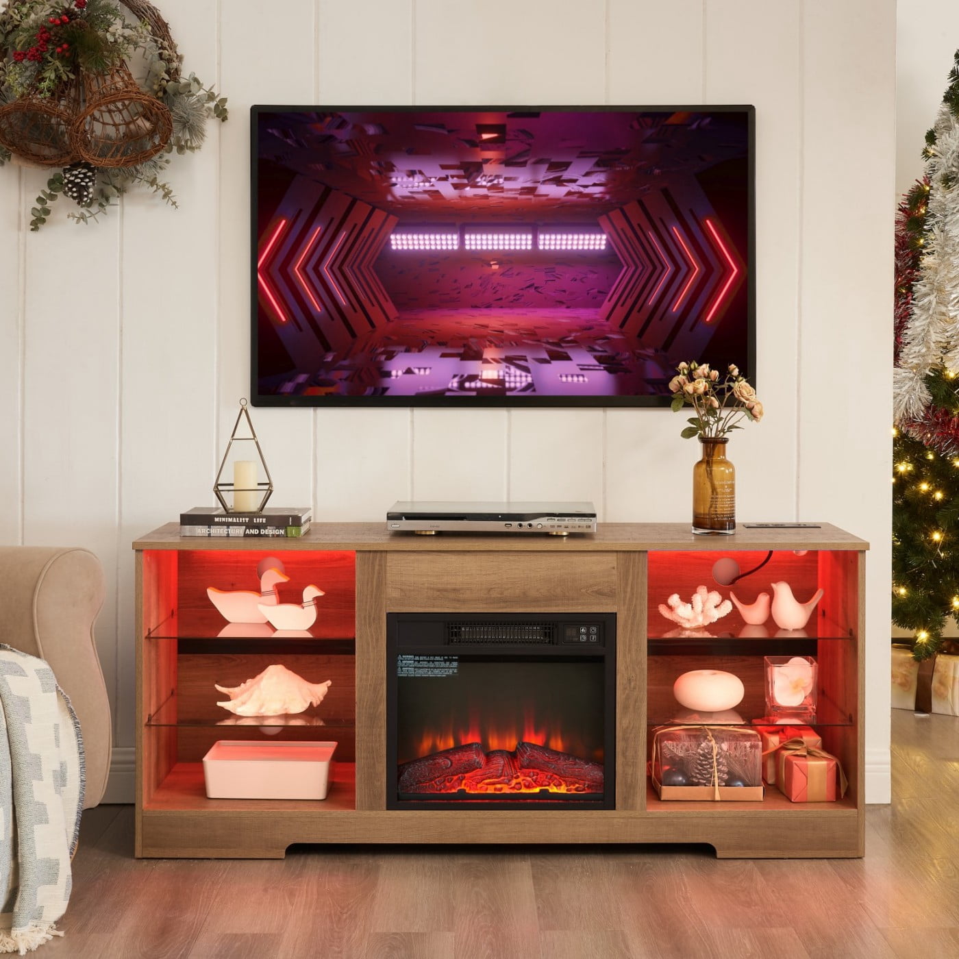 Electric Fireplace TV Stand for 65 Inch TV, 58" Modern Entertainment Center with LED Lights & Glass Shelves, 3D Flame Media Console with Storage Cabinet USB Charging Outlet, Oak