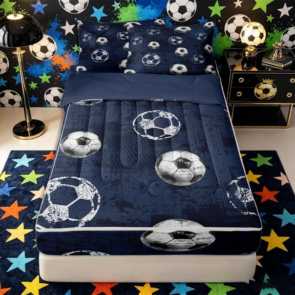 Castle Fairy Soccer Ball Print Zipper Twin Comforter Sets with Fitted Sheet and 2 Pillowcases, Sport Theme Zipper Bedding Set, Navy Blue White,4-Piece,Navy Blue Reversible