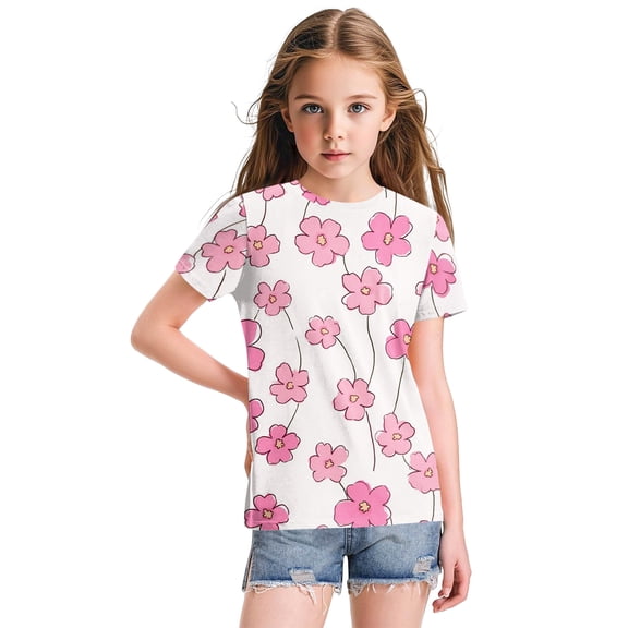 Abcomgle Girls Tops Size 10-12 Crewneck Floral Print Girls Shirts Summer Short Sleeve Toddler Girls T-Shirts Trendy Cotton Tee Tops Girls,Pink,12-13Years