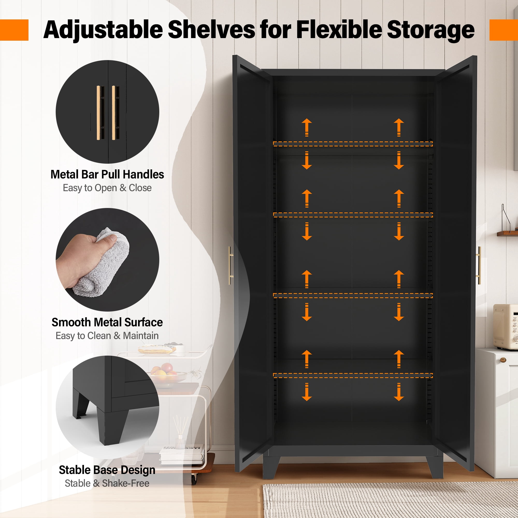 Aukfa 71" Tall Metal Pantry Cabinet,Kitchen Storage Cabinet with Adjustable Shelves for Kitchen/Dining Room/Living Room, Black