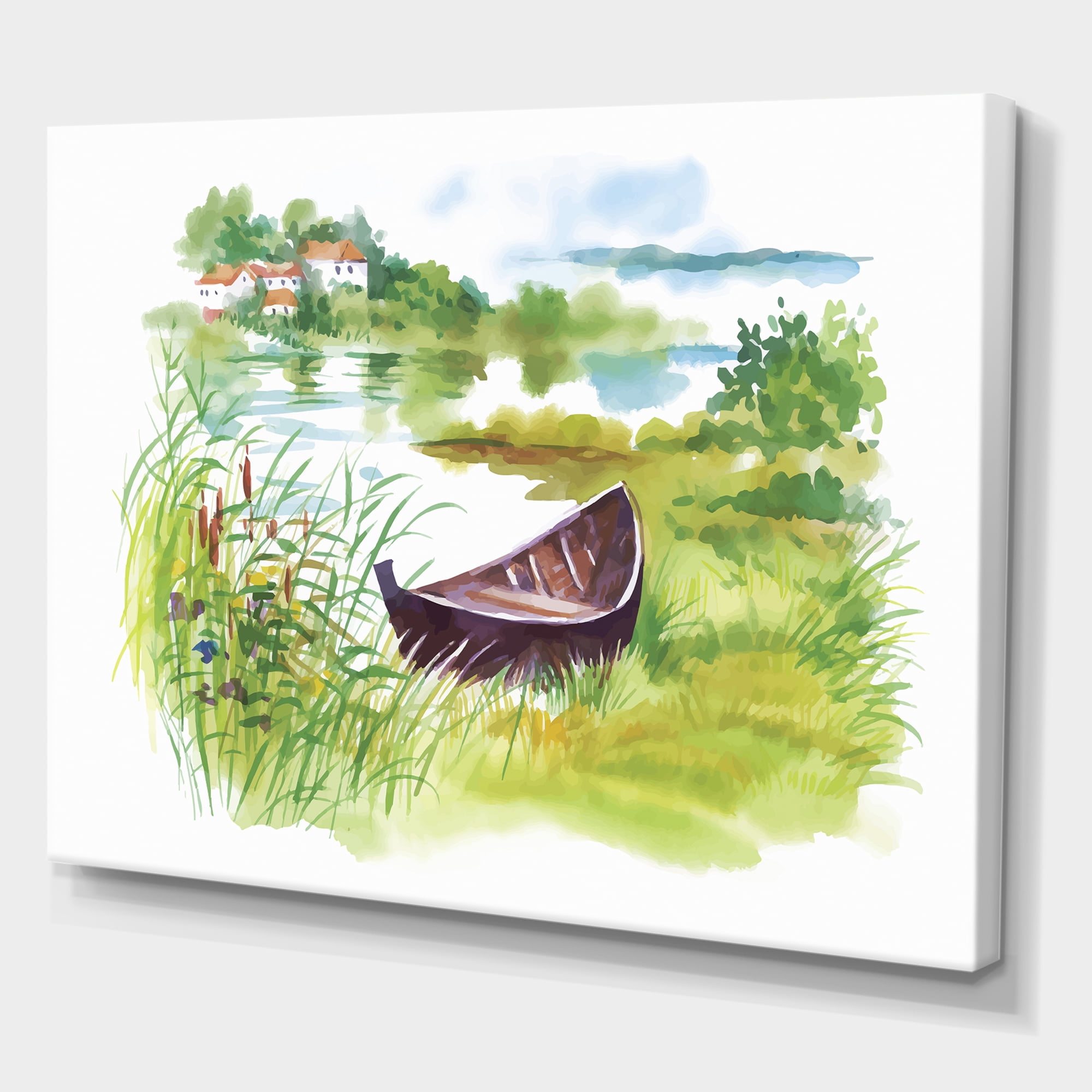 Rural Green Landscape With Boat In Lake 12 in x 8 in Painting Canvas Art Print, by Designart