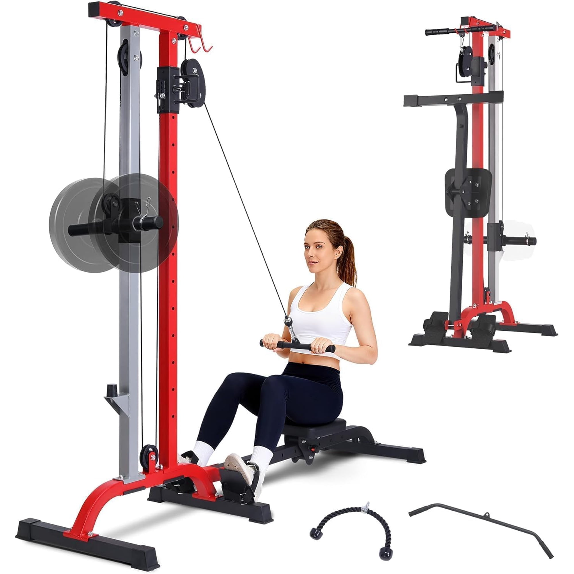 Senfot Carbon Steel Cable Rowing Machine Multifunctional Full Body Cardio Strength Training Home Gym Fitness Equipment Black Red