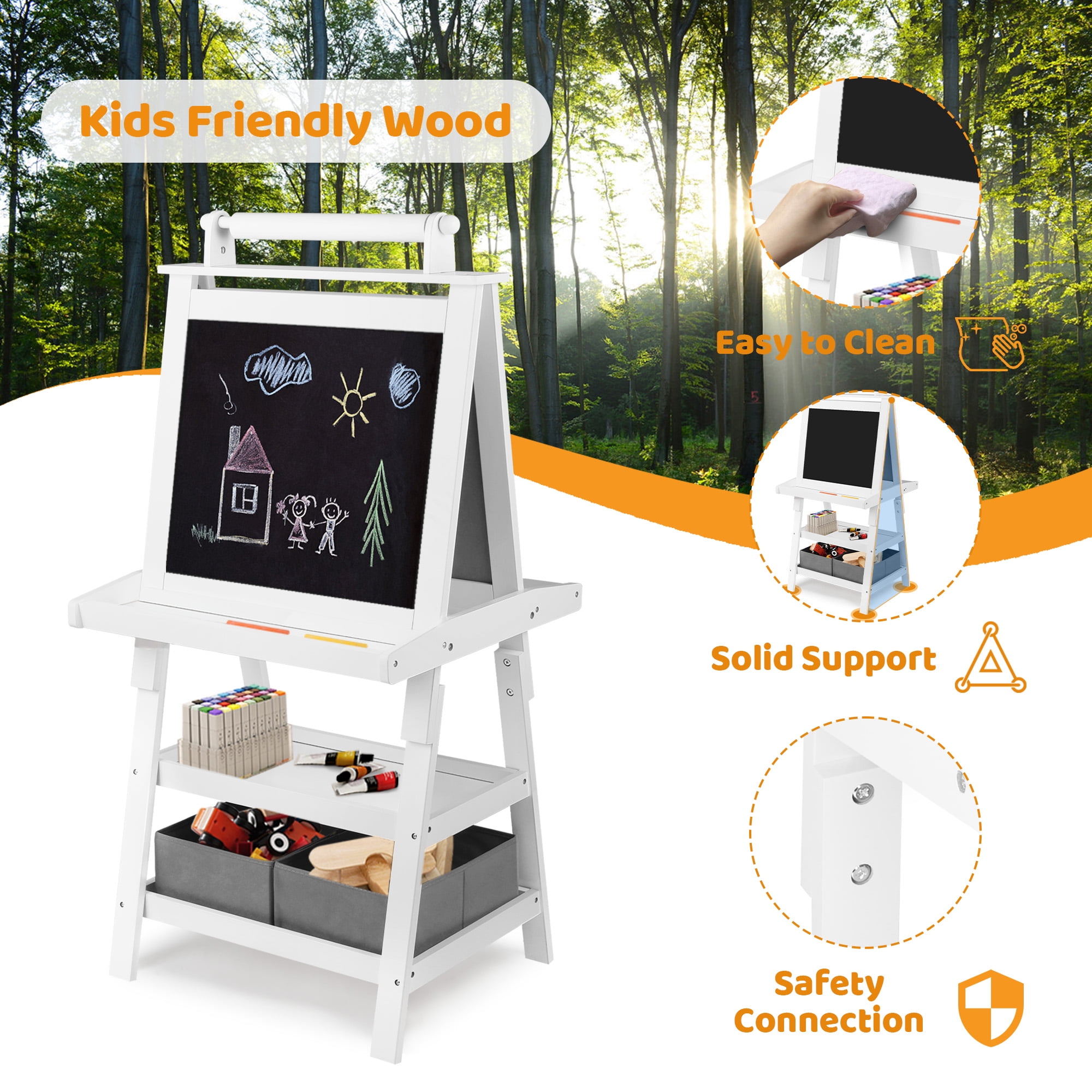 AILEEKISS 3 in 1 Kids Art Easel Double-Sided Magnetic Whiteboard Chalkboard with Paper Roller, White