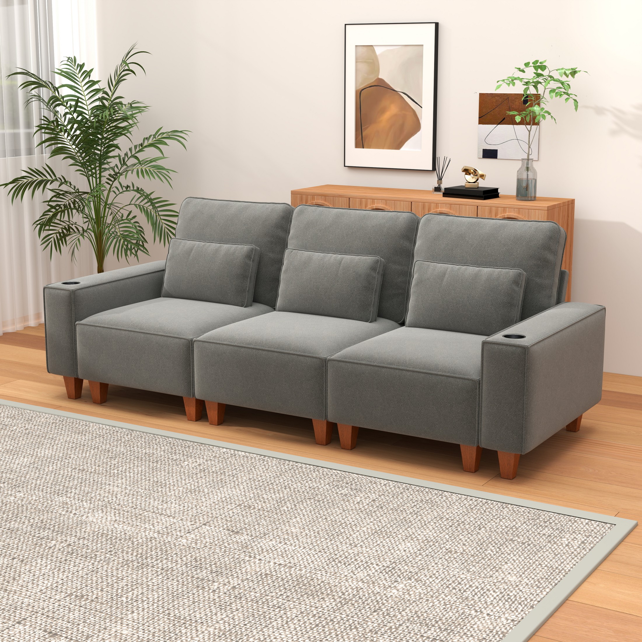 BSHTI Chenille Deep Seat 3-Seater Sofa with Brushed Stainless Steel Cup Holders and 3 Decorative Pillows – Modern Comfortable Couch for Living Room
