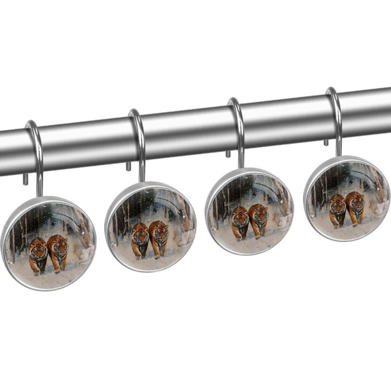 Tigers Walking on Snow Road Shower Curtain Hooks Round Crystal Glass, Set of 12 Shower Curtain Rings - Shower Hooks for Curtain Shower Rings