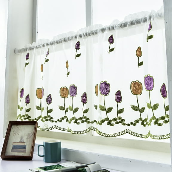 Visland Short Curtain for Kitchen Window Jacquard Floral Sheer Curtain Valance for Small Window Rod Pocket Top Tulle