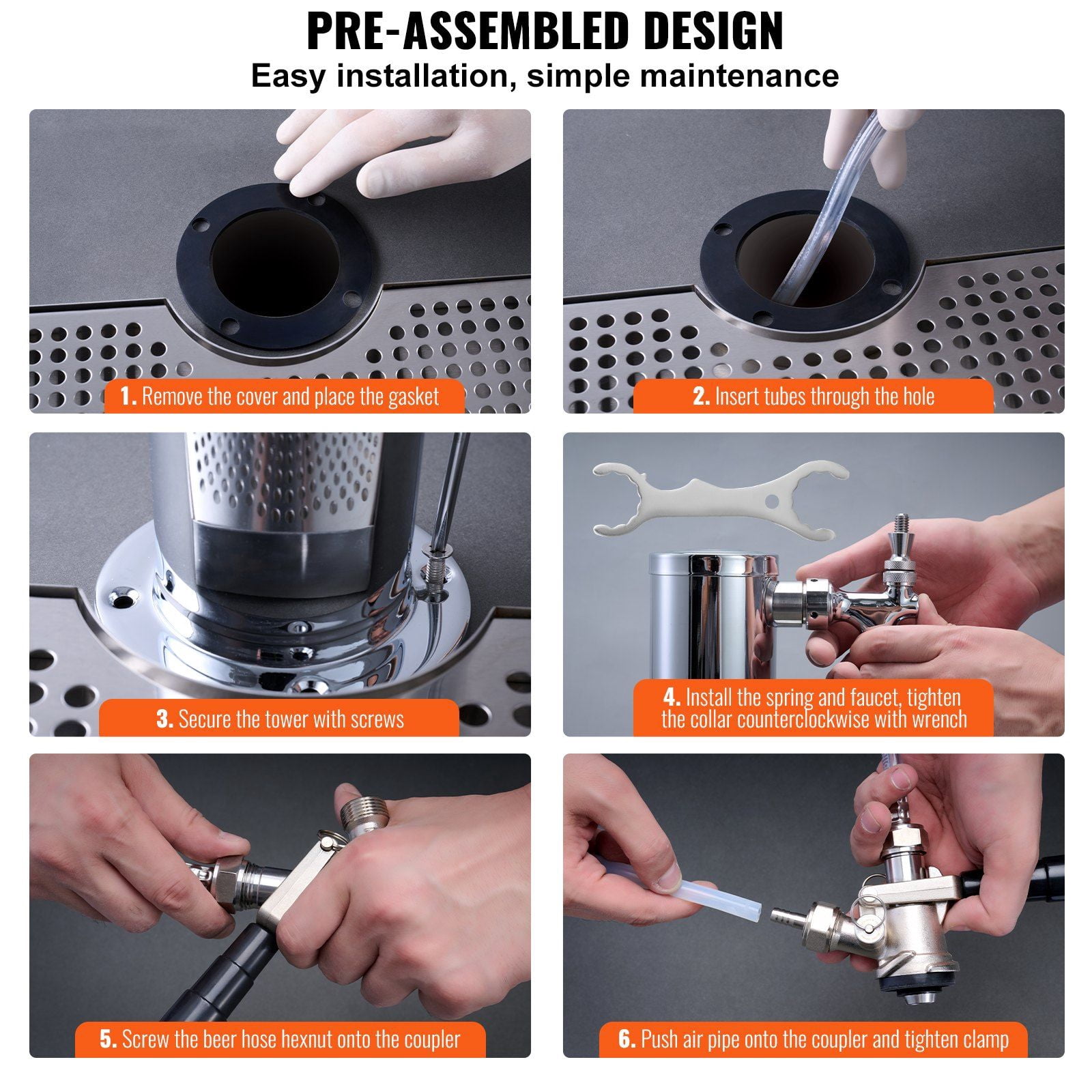 HCY Kegerator Tower Kit, Single Tap Beer Conversion Kit, Stainless Steel Keg Beer Tower Dispenser with Dual Gauge CGA320 Regulator & D-System Keg Coupler, Beer Drip Tray for Party Home