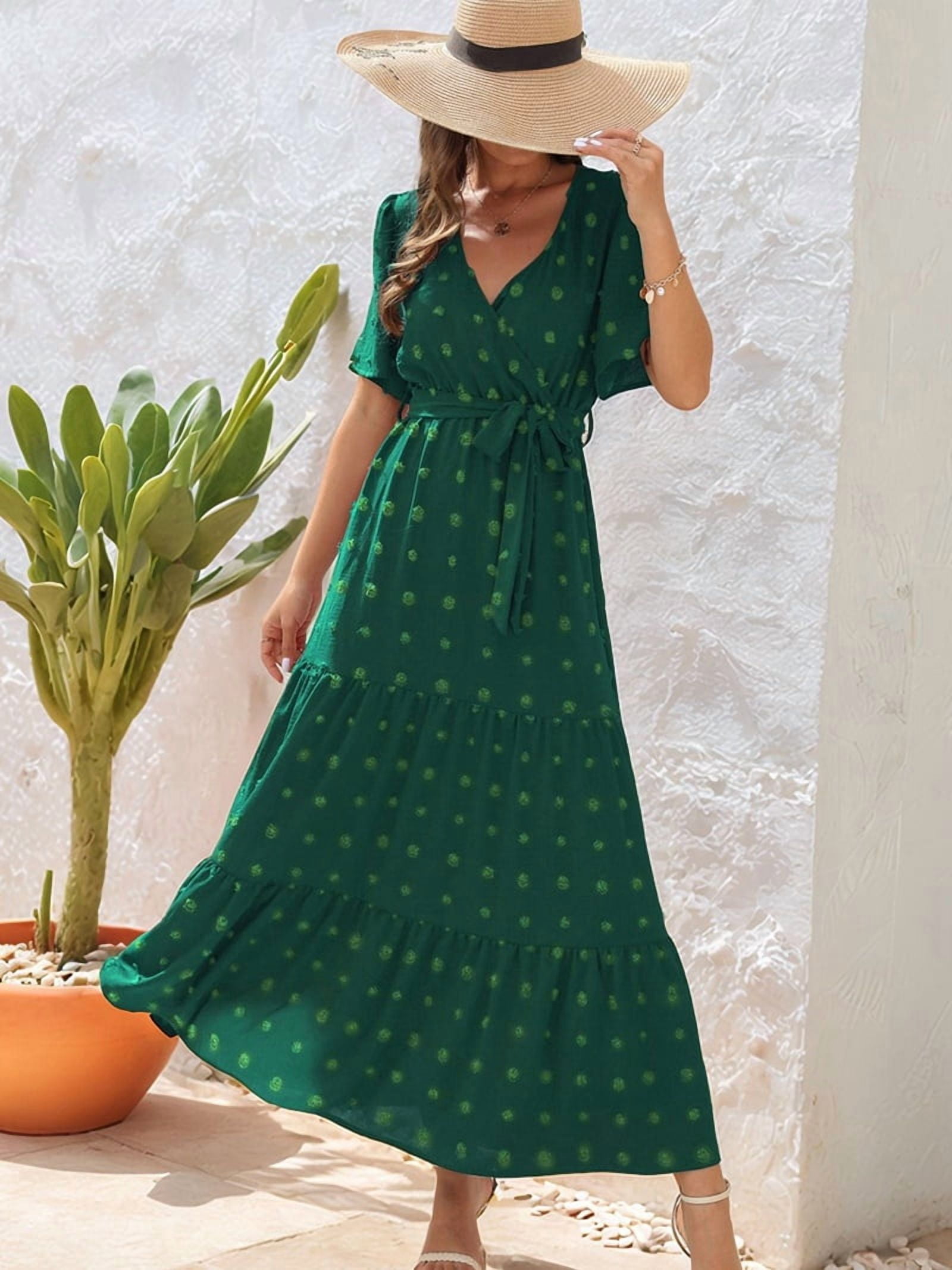 Boho Dot Summer Maxi Dresses for Women Wrap V Neck Short Sleeve Long Flowy Church Wedding Guest Dress Green L