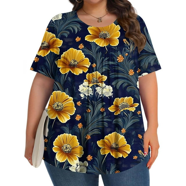 Liquidation Horkkom T-Shirts à Manches Courtes pour Femmes Grande Taille Décontracté Tunique à Imprimé Floral Hauts d'Été Plissés Blouses à Col Rond 4TG