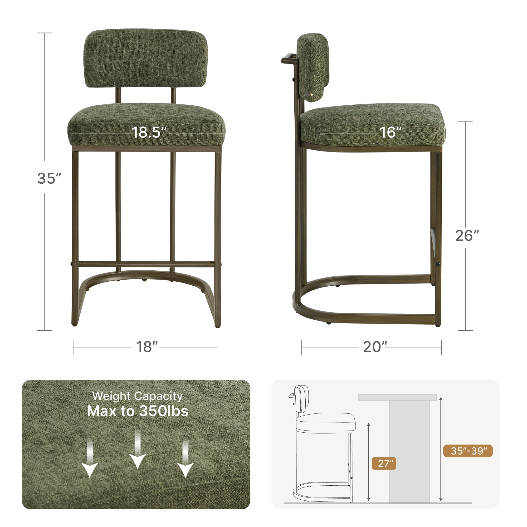 Spruce & Spring Modern 26-Inch Counter Bar Stool Set with Brass Frame Set of 3, Moss Green with Brass Frame