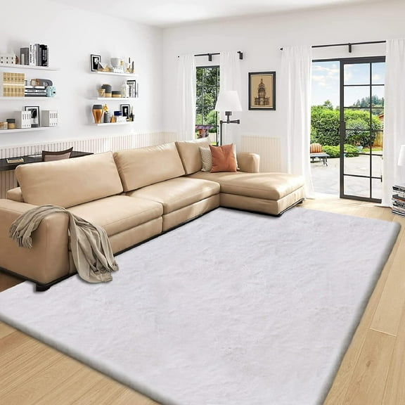 ORINOVA Faux Fur Rug 6x9 Plush Rug Washable Area Rugs For Bedroom Fluffy Rabbit Fur Rug For Living Room Light Grey Rugs Teen Room Home Decor Rectangle Rug