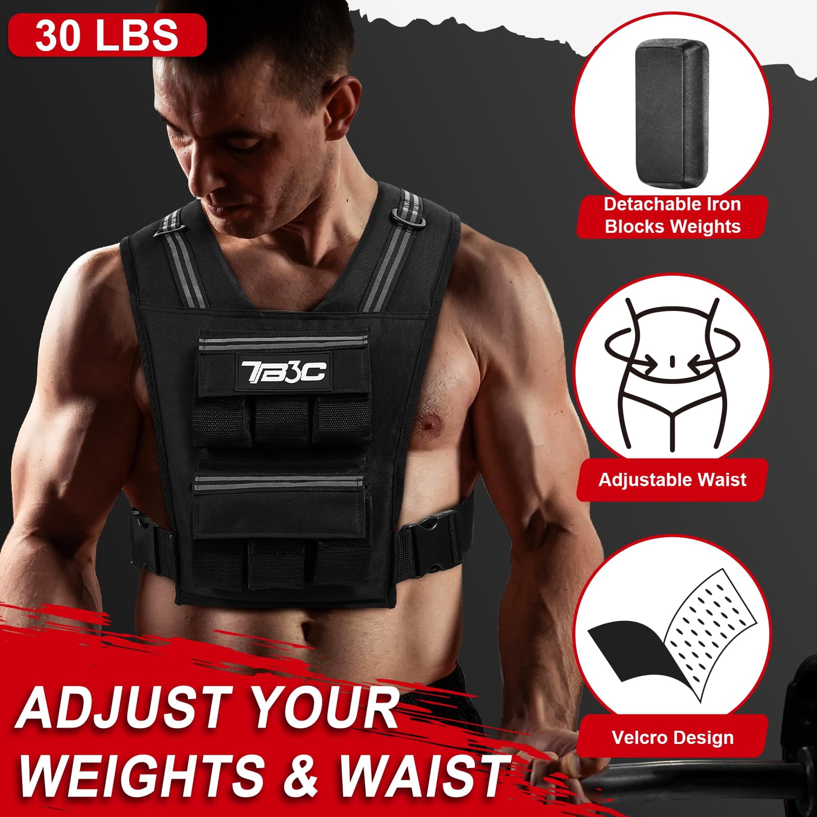 Black 30 LB Adjustable Weighted Vest for Strength Training, Running and Walking