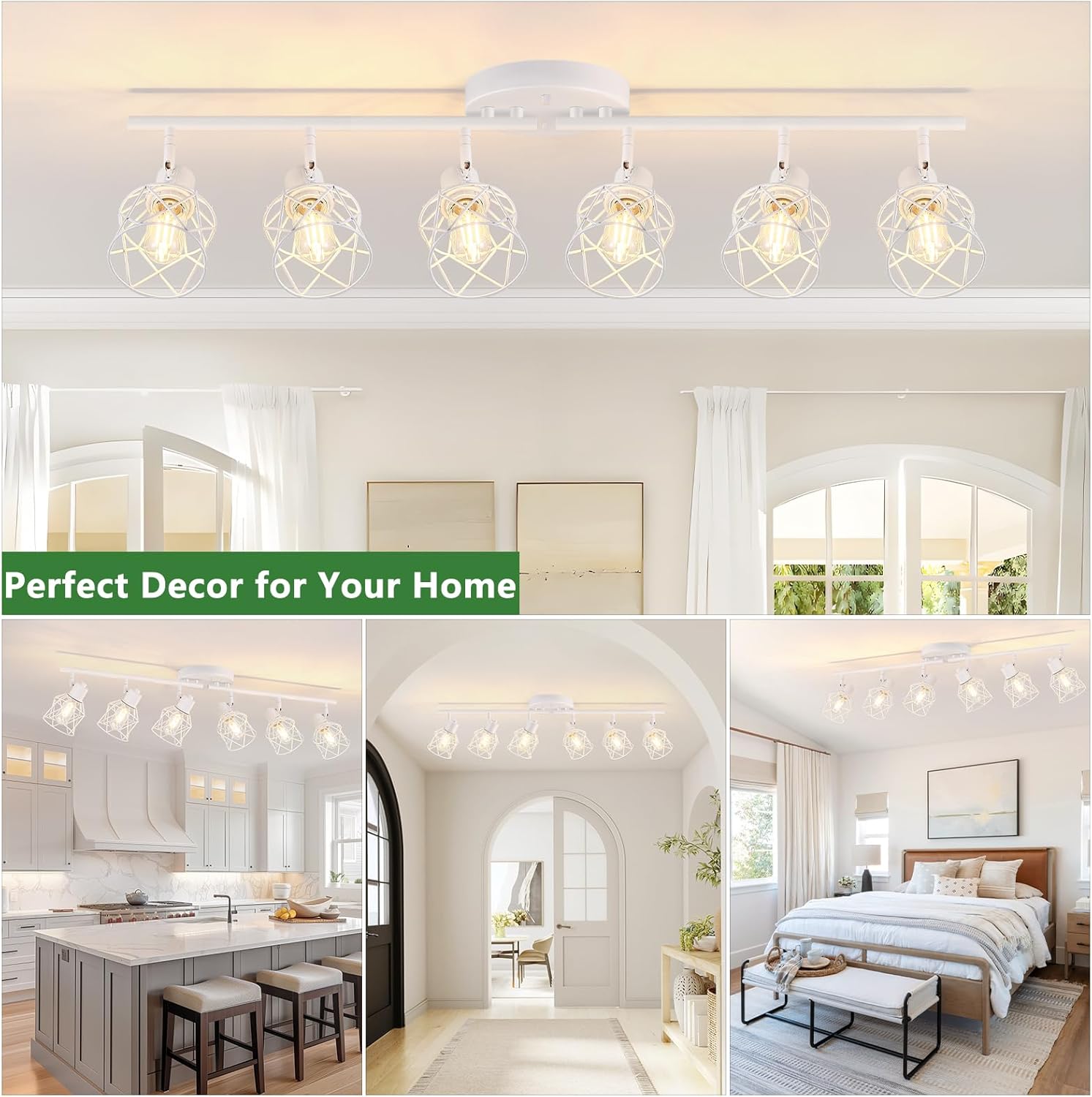 6-Lights Track Lighting Fixtures White Semi Flush Mount Ceiling Light with Metal Cage Kitchen Track Lighting Fixtures Ceiling Rotatable Close to Ceiling lamp for Entryway, Living Room, Hallw