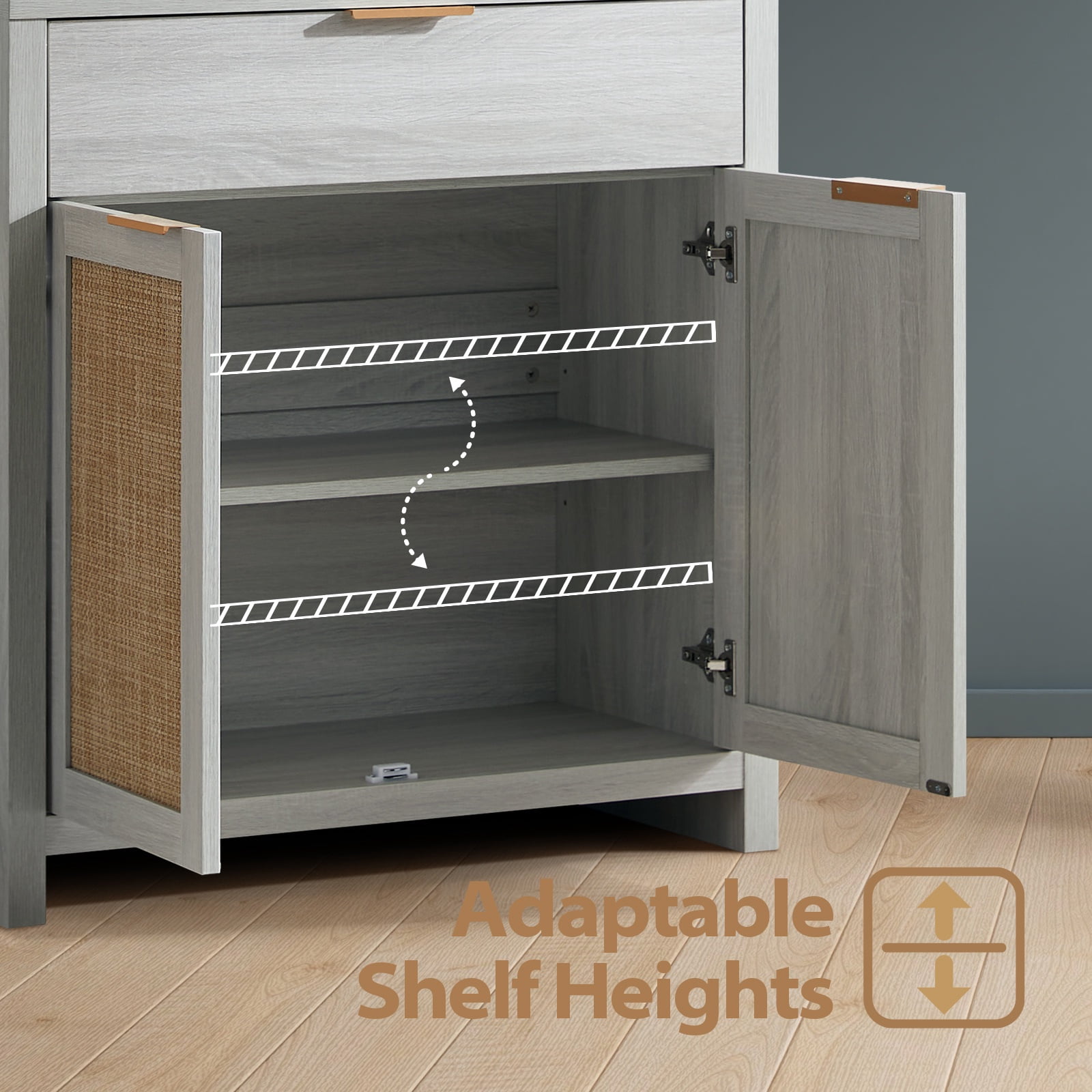 ARKANTOS Rattan Bookcase with Doors, 5 Shelf Adjustable Bookshelf and Storage Cabinet, Mist Oak