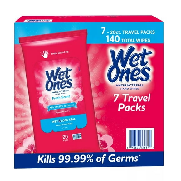 Wet Ones Lingettes Antibactériennes pour les Mains Pack de Voyage Parfum Frais, 7 ct.