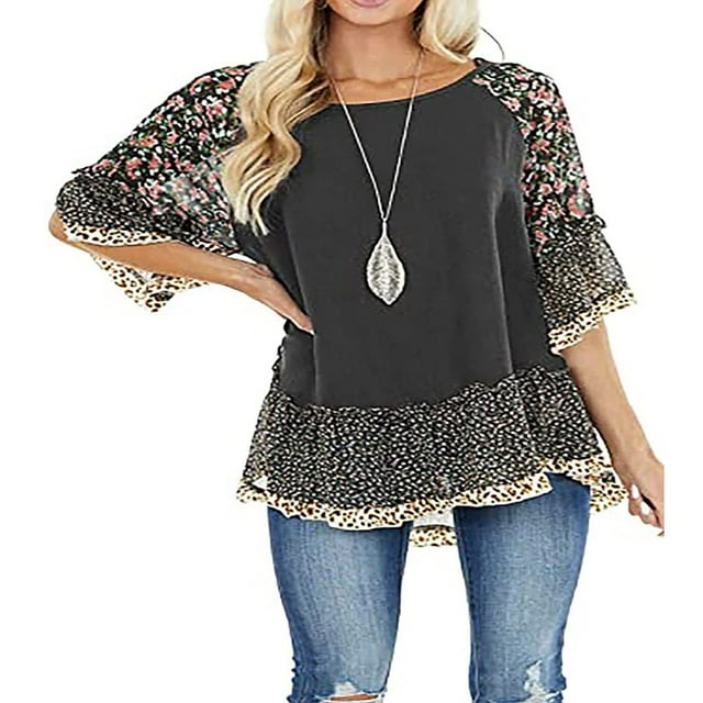 Women 3/4 Sleeve Solid Floral Hem Leopard Print Blouse Loose Top