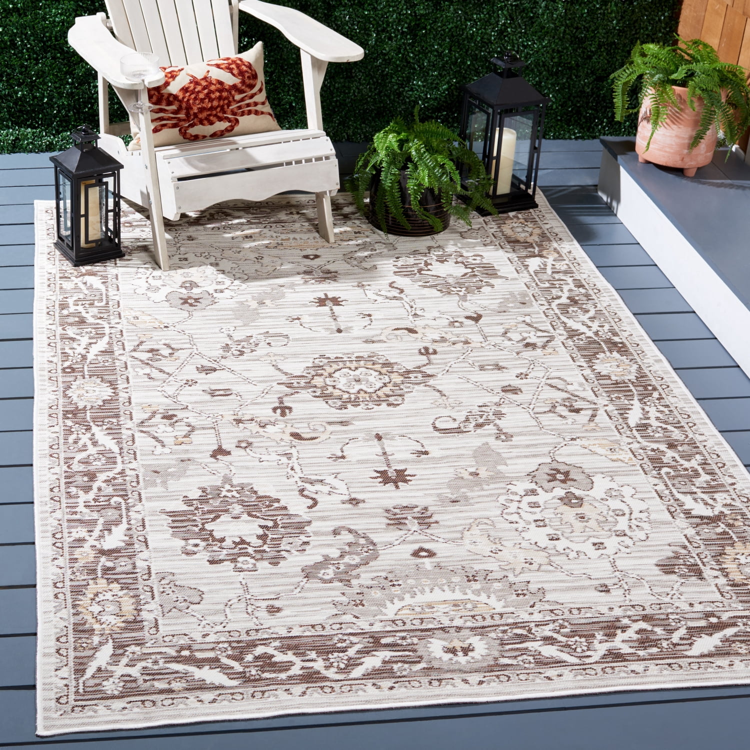 SAFAVIEH Sunrise Joanna Floral Reversible Indoor/Outdoor Area Rug, Grey/Beige Black, 4' x 5'7"
