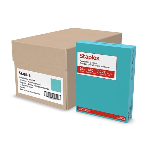 Staples Pastel 30% Recycled Color Copy Paper 20 lbs. 8.5" x 11" Turquoise 500 Sheets/Ream 10