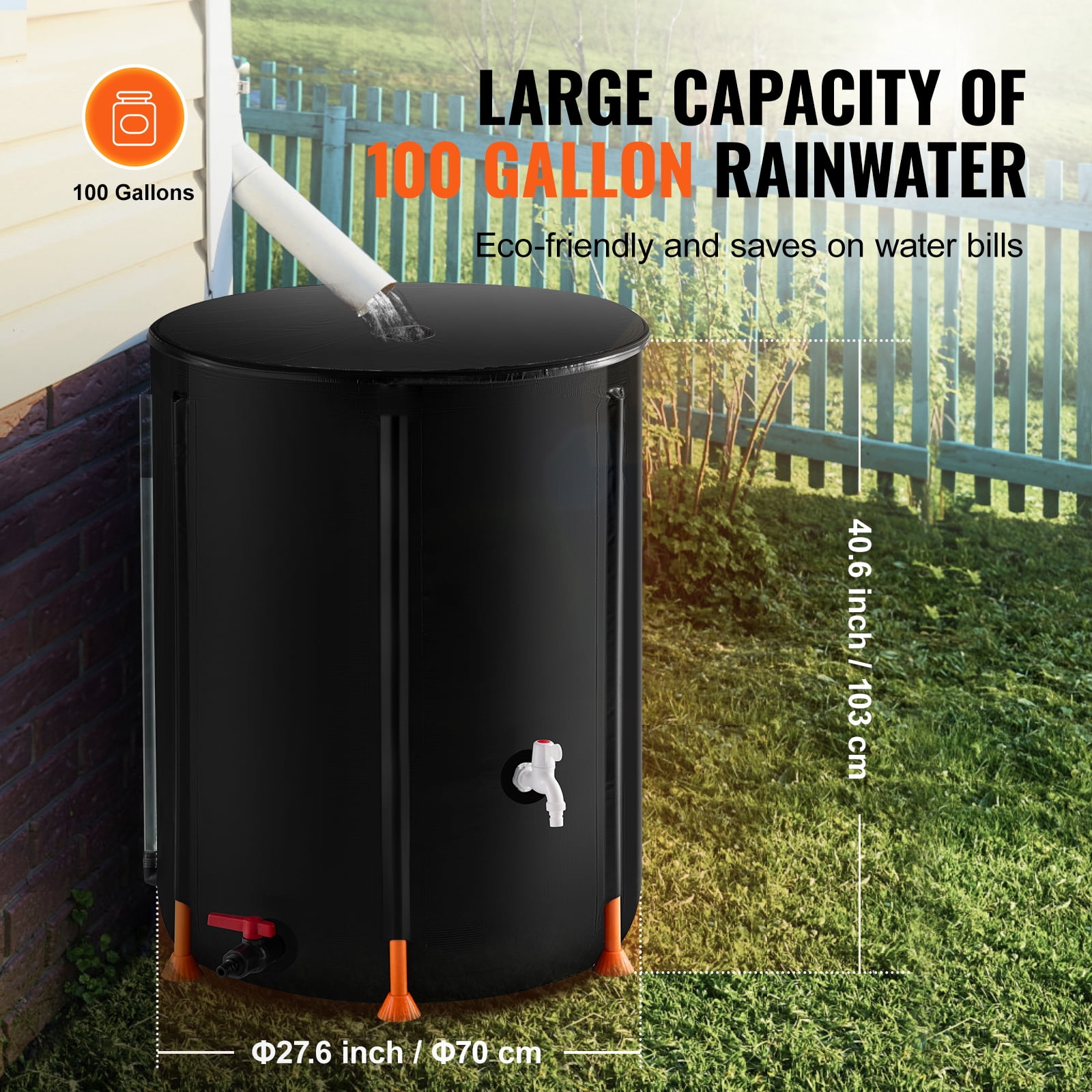 KFFKFF Foldable Water Barrel, 100 Gallon/380 L, Durable PVC Construction, Includes Spigots & Overflow Kit for Efficient Garden Irrigation