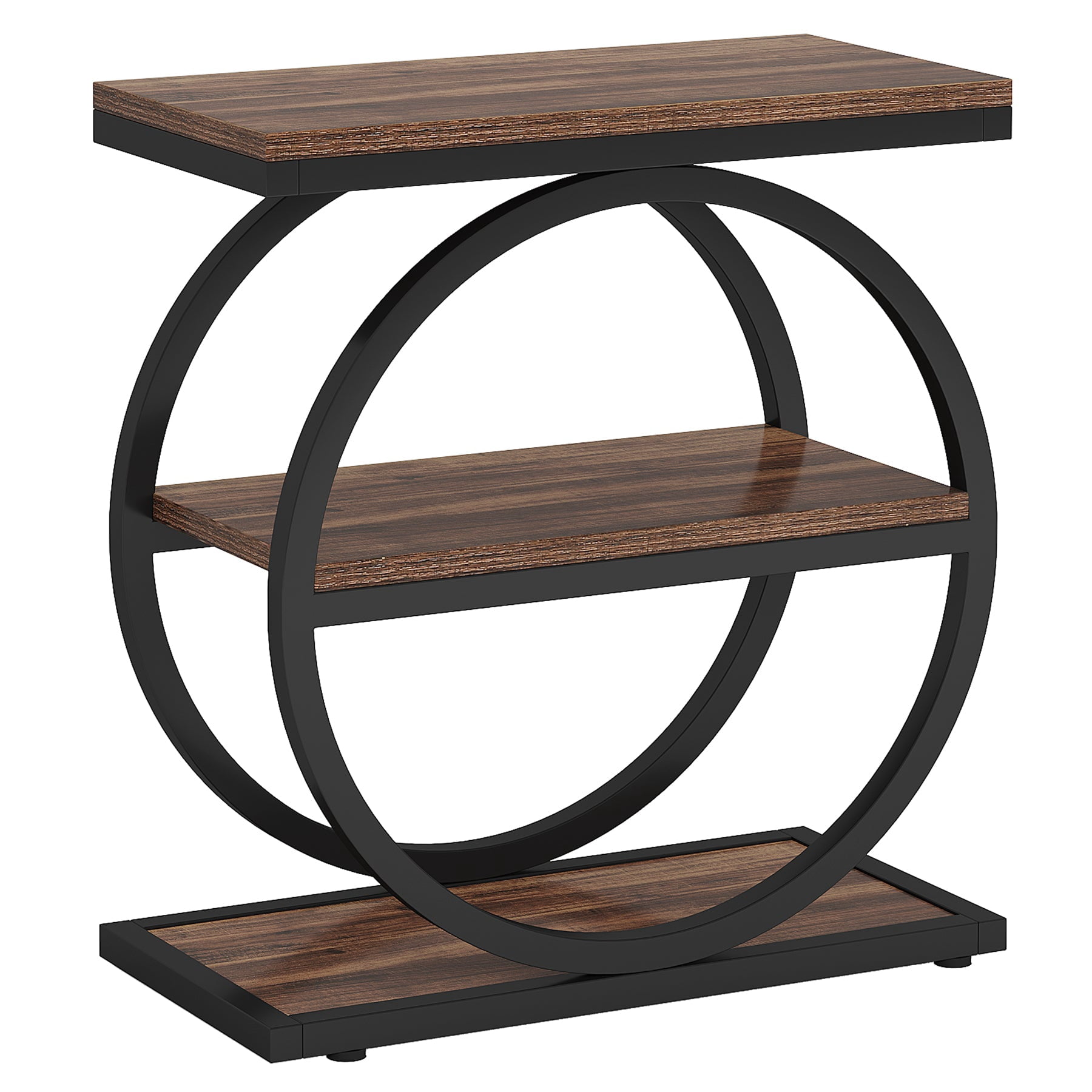Fnova Side Table with Circular Metal Frame, End Table with 3-Tier Shelves for Living Room, Dark Brown