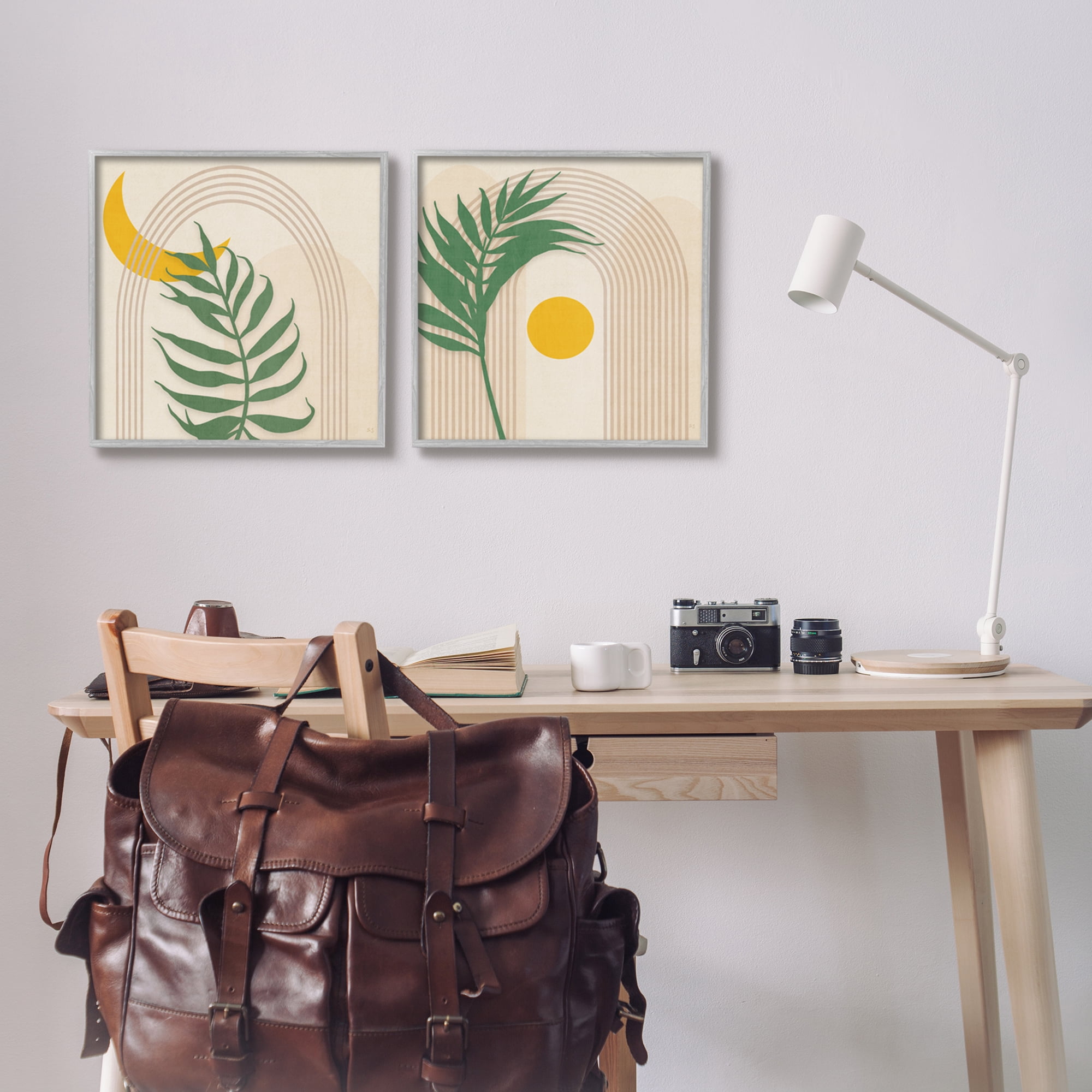 Stupell Industries Modern Fern Moon & Sun Botanical & Floral Painting Gray Framed Art Print Wall Art, 17 x 17, Set of 2