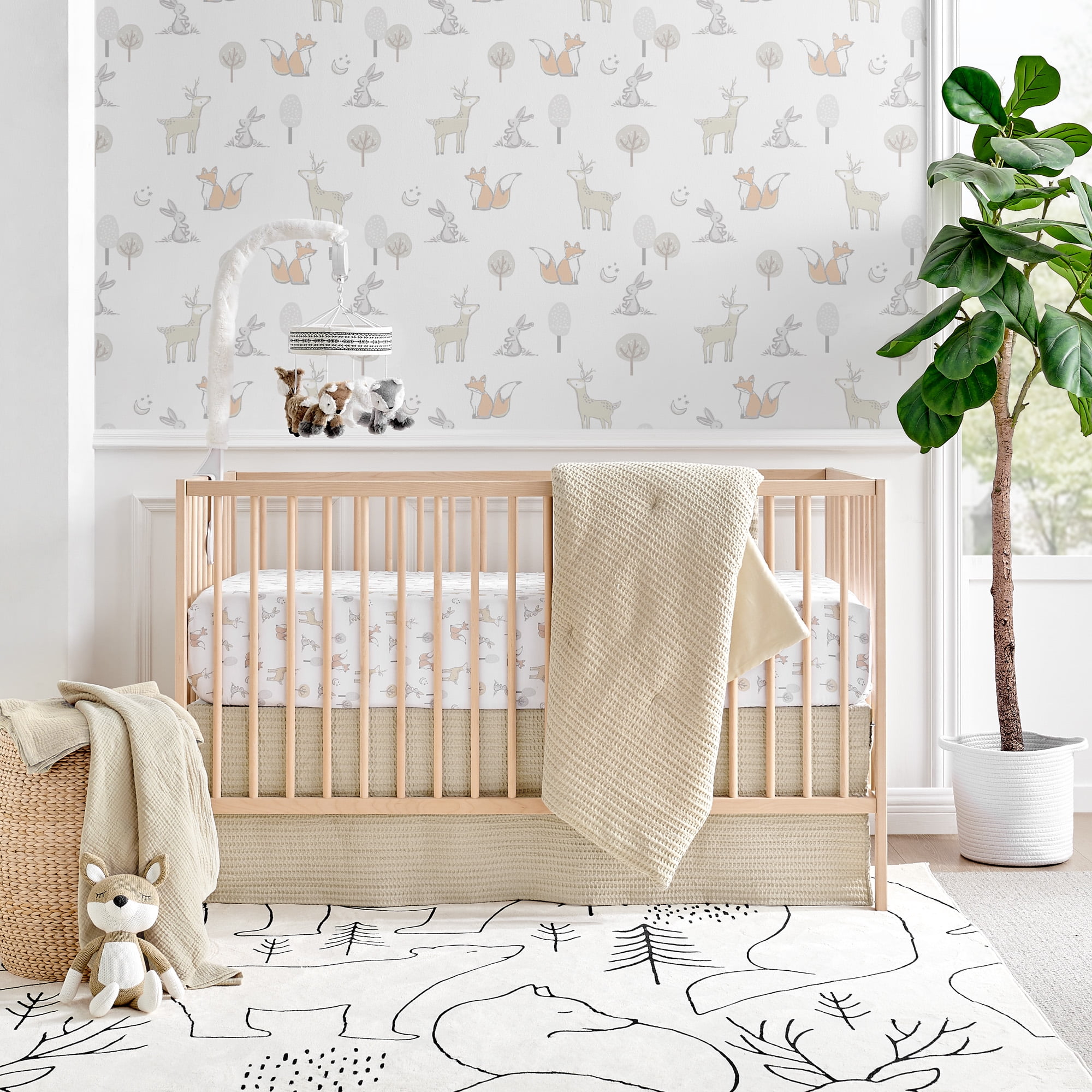 Levtex Baby - Mills Waffle Crib Fitted Sheet - Fits Standard Crib and Toddler Mattress - Forest Animals - Taupe, Grey and White - Nursery Accessories - 100% Cotton
