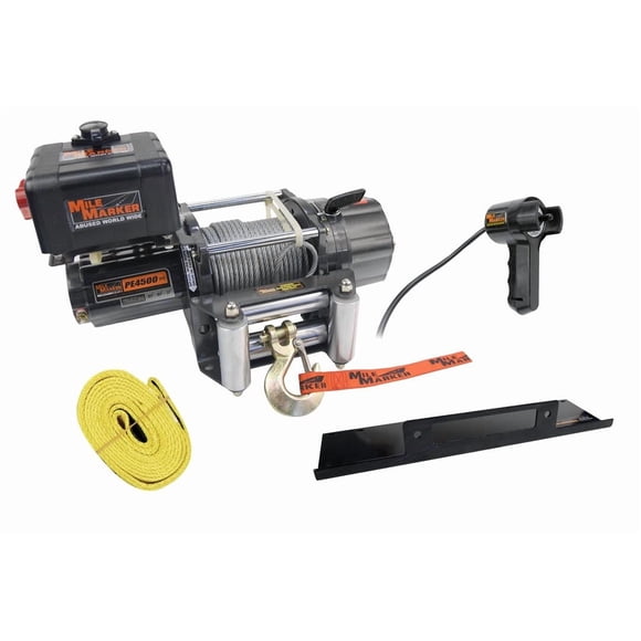 Mile Marker Winch 76-50115BW SEC4500; Vehicle Mounted; Waterproof Trailer/Utility Winch; 12 Volt Electric; 4500 Pound Line Pull Capacity; 80 Foot Wire Rope; Roller Fairlead; Wired Remote