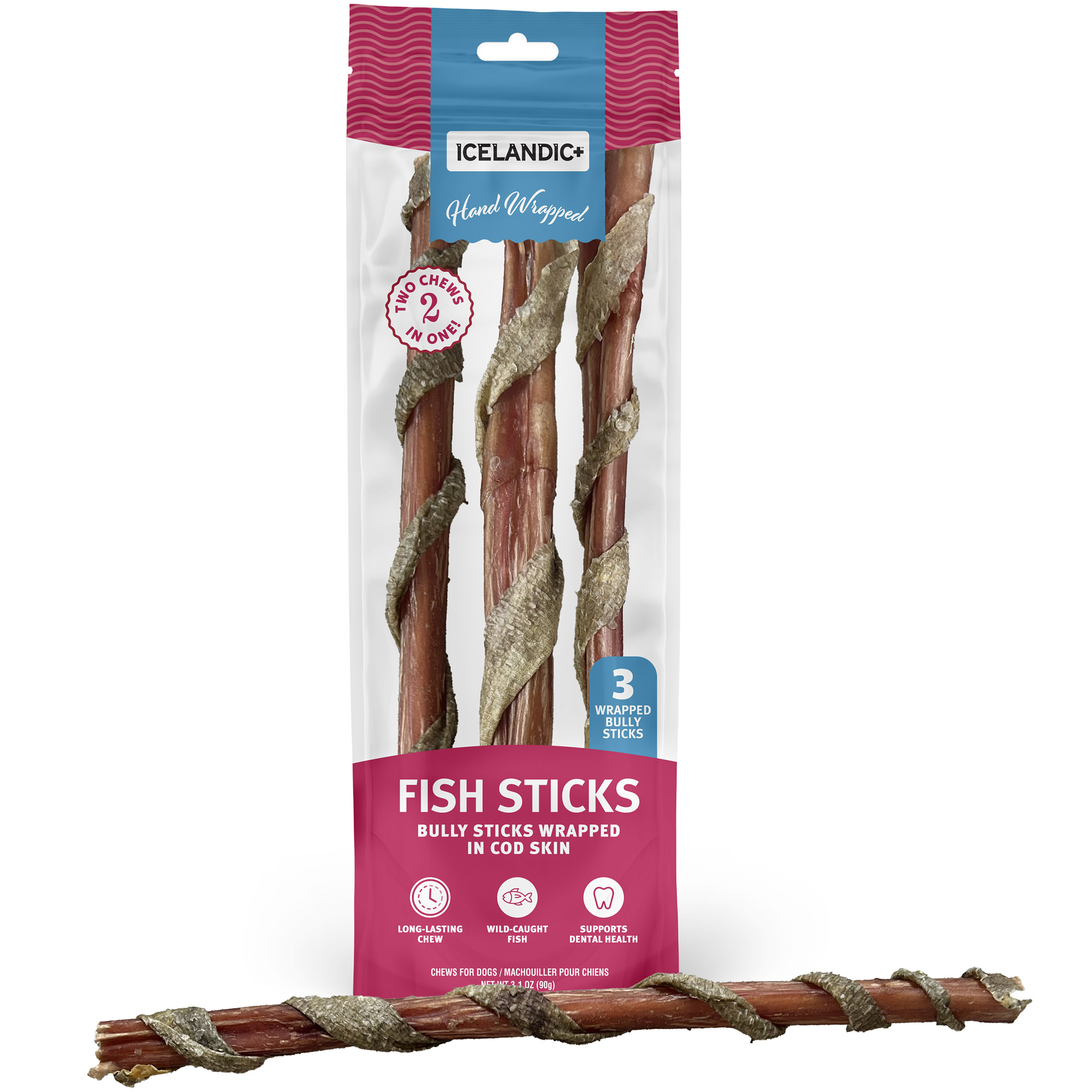 Icelandic+ Fish Sticks - Bully Stick Wrapped In Cod Skin - 3 Pack, 12" - Dog Treats, 2 Ingredient Chews, Hand-Wrapped Wild-Caught Fish, Pet Snacks