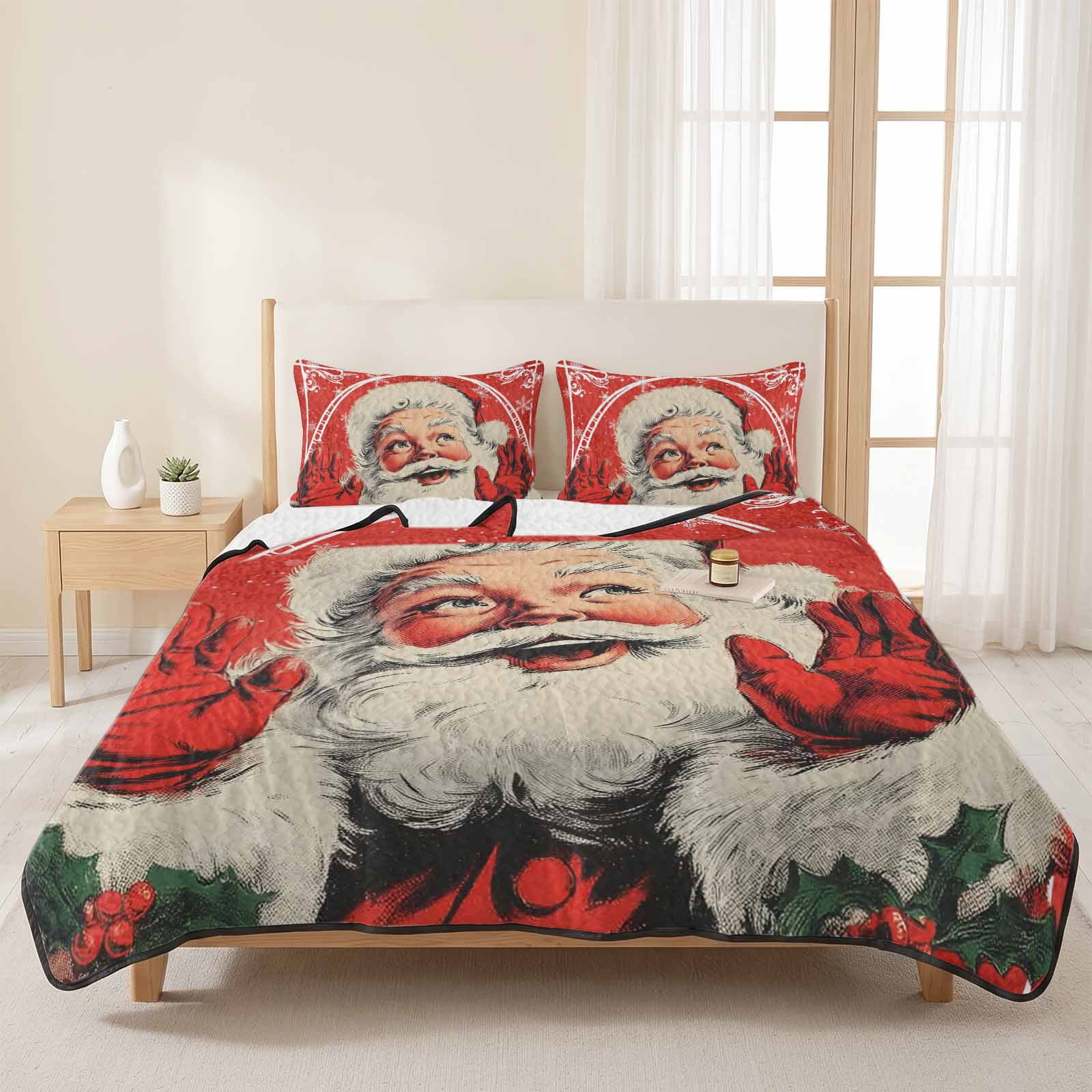 Queen Quilts Bedding Set Retro Funny Santa Claus Soft Warm Quilted Bedspread Comforter with Pillow Shams Christmas Snowflakes on Red All Season Coverlet Bed Decor Blankets