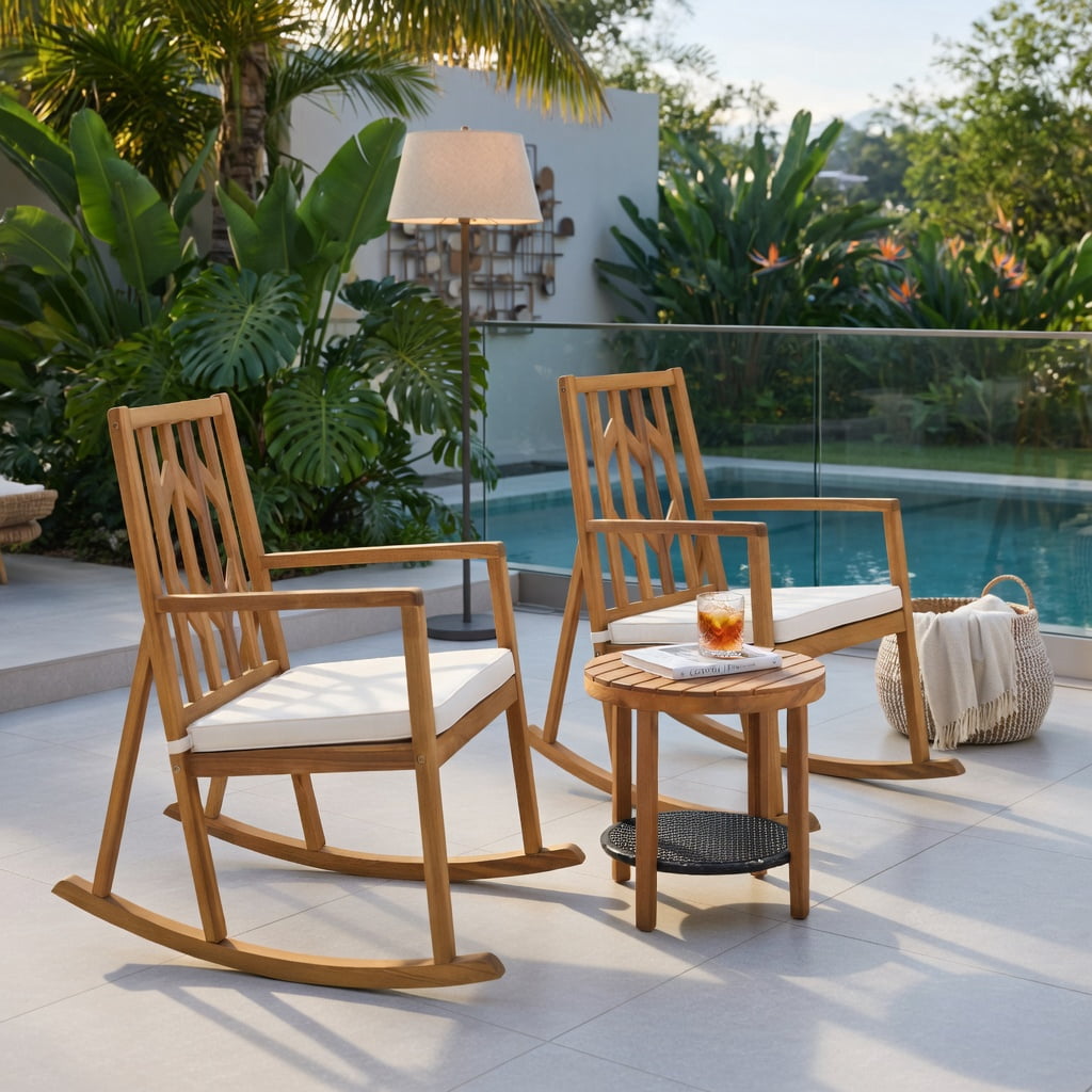 Hommoo Acacia Wood Patio Rocking Chair Sofa with Removable Cushion, Natural Wood Frame, Outdoor Garden & Deck Seating for Backyard, Poolside, Porch, White