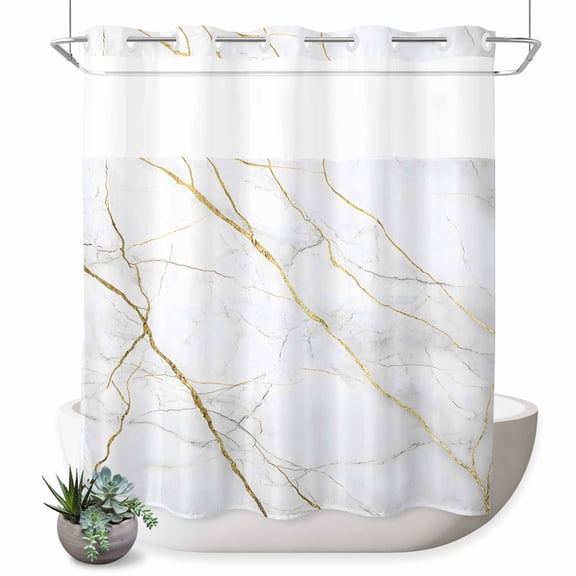 Grey Gold Marble No Hook Shower Curtain Gold Lines Abstract Art Modern Shower Curtain with See Through Top Window, Waterproof Washable Fabric Curtain for Bathroom Hotel Decor, 72Wx72L