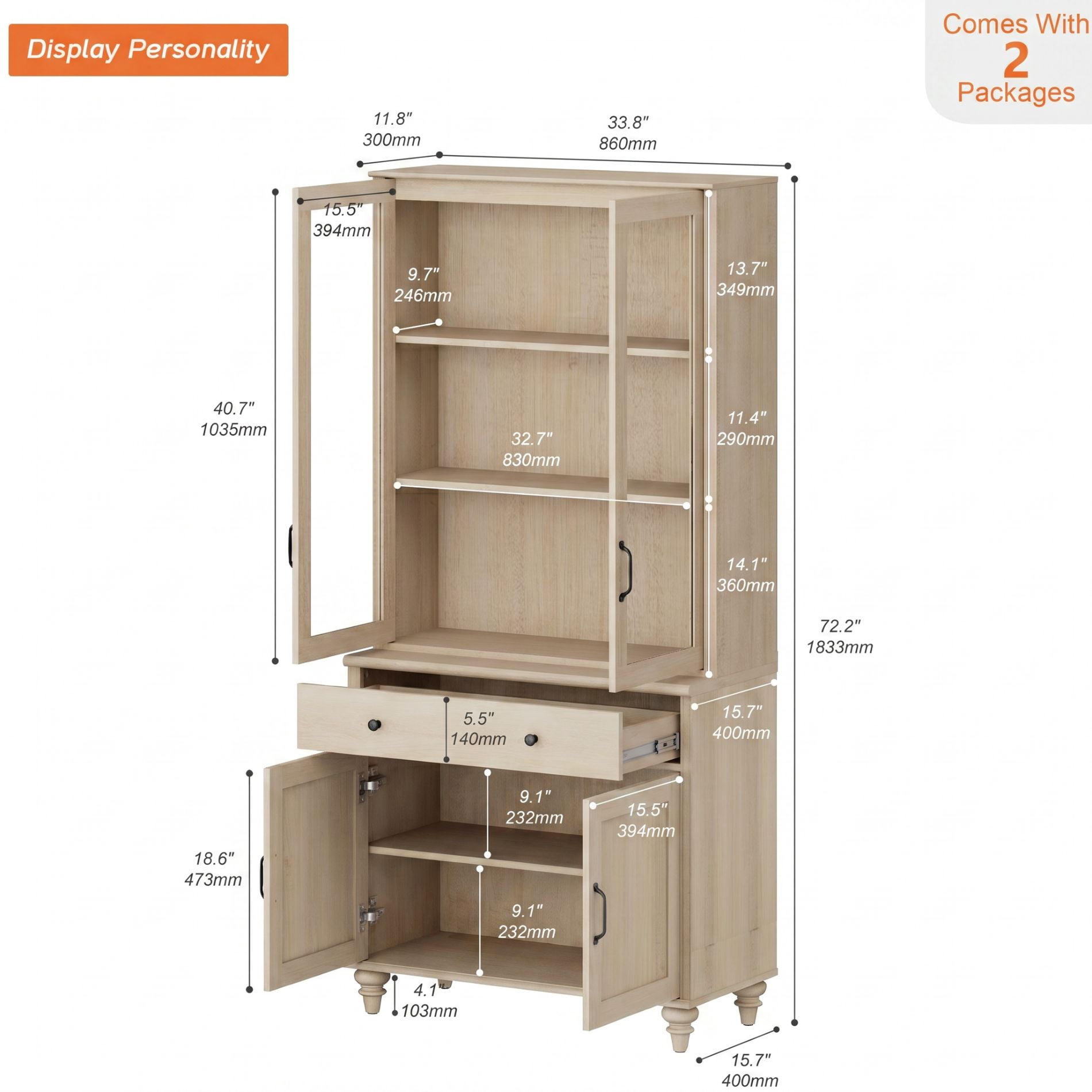 72"H × 34"W 5-Tier Farmhouse Wooden Library Bookcase with Glass Doors & Spacious Storage Cabinet, Freestanding Bookshelf for Living Room, Office & Kitchen, Beige