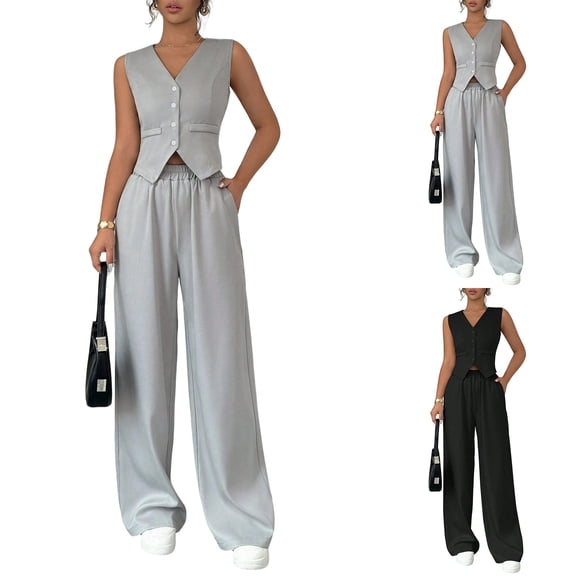 Laqbezok Women's 2-Piece Elegant Vest and Wide Leg Pants Set, Casual V-Neck Button Down Waistcoat and Trousers Outfit, Modern Business Casual Suit with Pockets