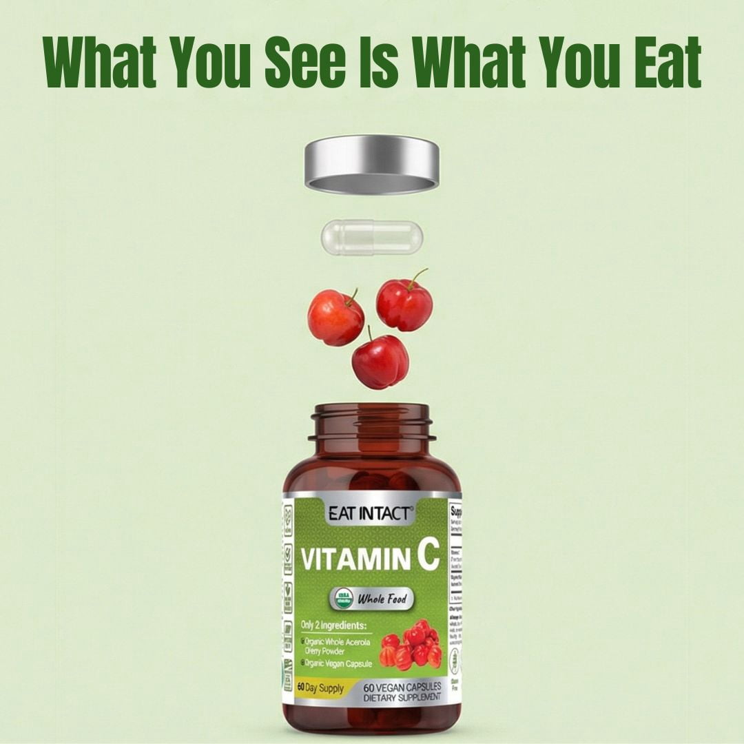 EAT INTACT Vegan Whole Food Vitamin C, Two Ingredients (Organic Whole Acerola Cherry Powder and Organic Vegan Capsule), Non-GMO, Third Party Tested, 60 Day Supply