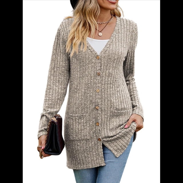 Cárdigan de Punto Suave para Mujer, Moda Otoño 2025, Abrigo de Larga Abierto con Bolsillos. Caqui L